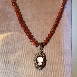 Sterling Silver, Garnet Bead, Cameo Necklace